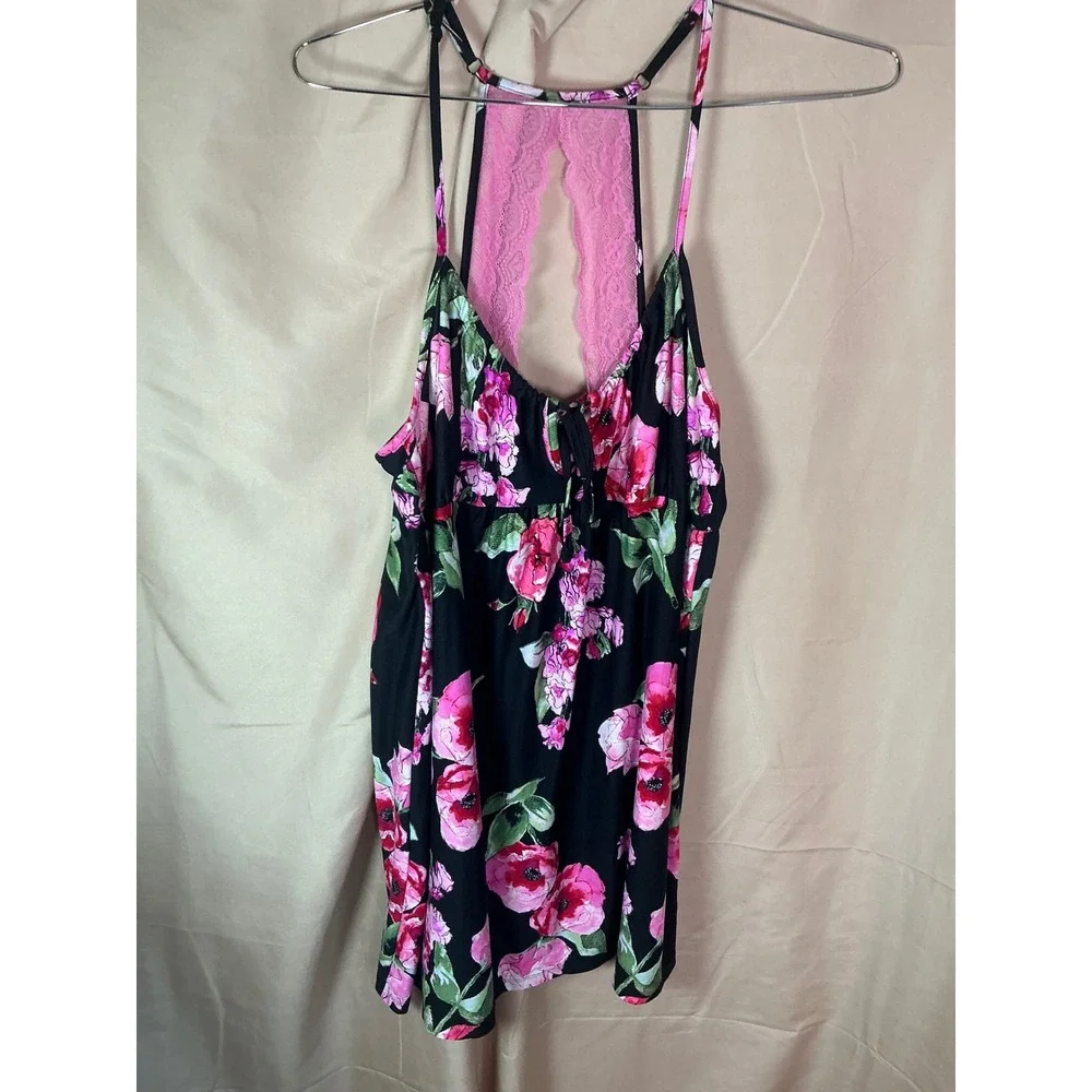 Secret Treasures Floral Chemise Womens XL Black Pink Excellent Lace Racerback